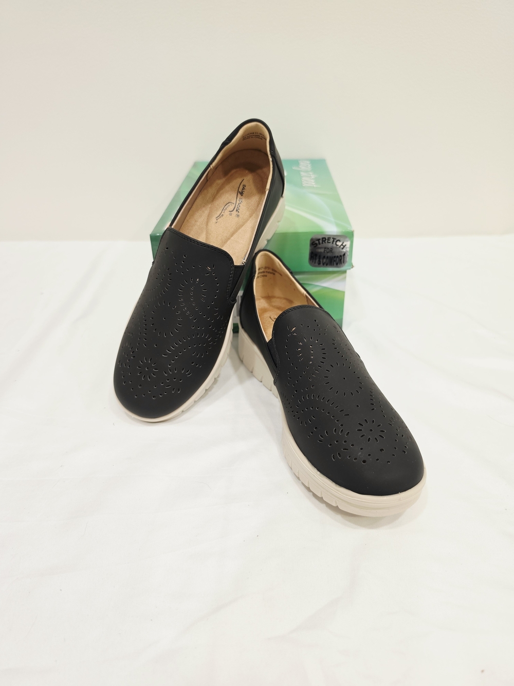 easy street Black Ying Laser-Cut Slip-On Loafers with Cream Sole